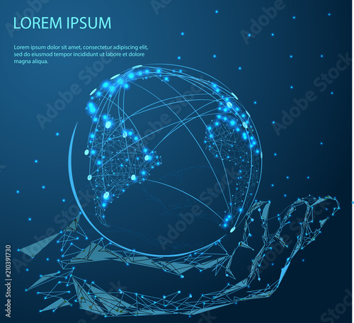 holding global in hands. Abstract image of a starry sky or space, consisting of points, lines, and shapes in the form of planets, stars and the universe. Low poly vector
