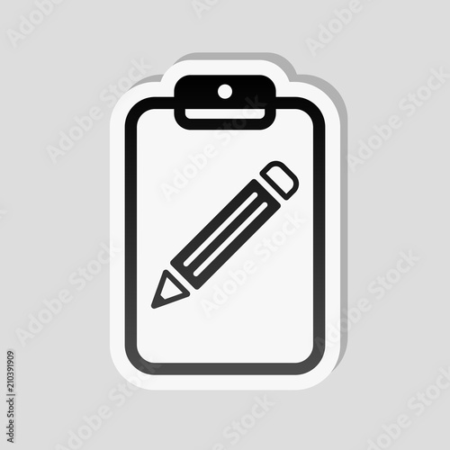 tablet, paper and pencil. Sticker style with white border and si