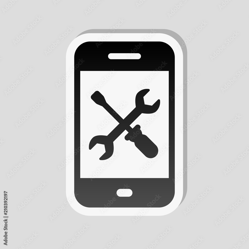Phone repair service icon. Sticker style with white border and s Phone repair service icon. Sticker style with white border and s