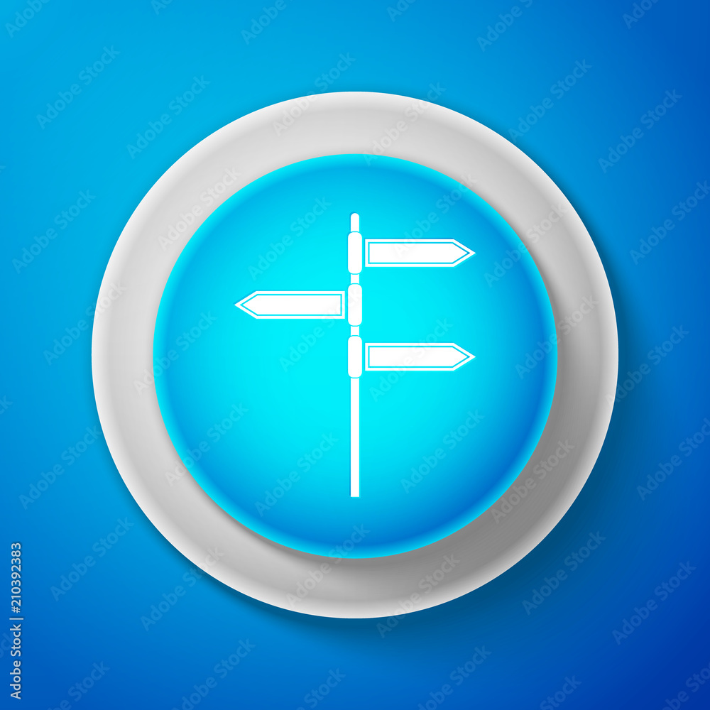 White Road traffic sign. Signpost icon isolated on blue background. Pointer symbol. Blank board with place for text. Street information sign. Direction sign. Circle blue button. Vector Illustration White Road traffic sign. Signpost icon isolated on blue background. Pointer symbol. Blank board with place for text. Street information sign. Direction sign. Circle blue button. Vector Illustration