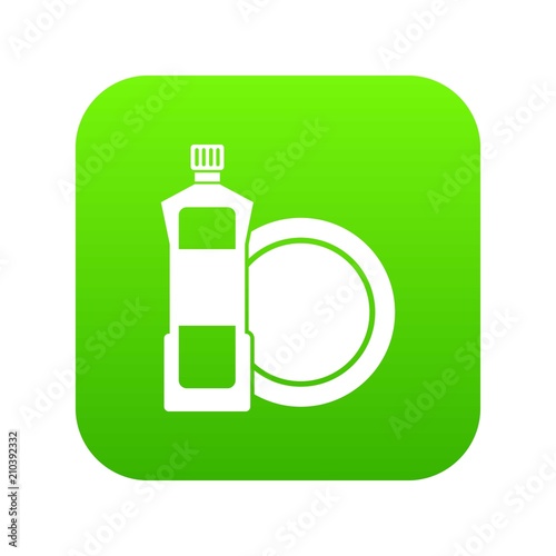 Dishwashing liquid detergent and dish icon digital green for any design isolated on white vector illustration