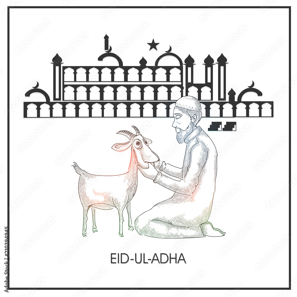 Eid-Ul-Adha, Islamic festival of sacrifice concept with line-art  illustration of an Islamic man praying before qurbani (sacrifce) of goat in  front of mosque. Stock Vector | Adobe Stock