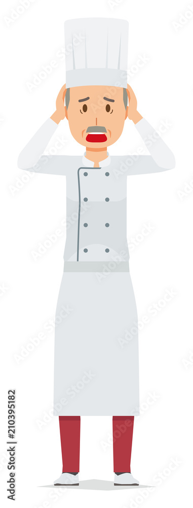 An elderly male chef wearing a cook coat is panicking An elderly male chef wearing a cook coat is panicking