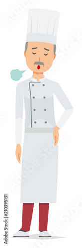 An elderly male chef wearing a cook coat is sighing