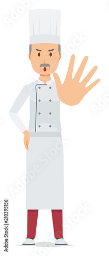 An elderly male chef wearing a cook coat is stop gesture