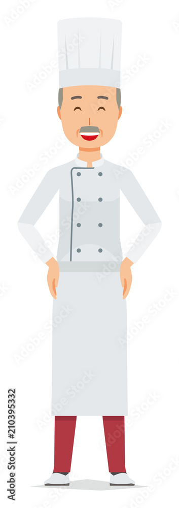 An elderly male chef wearing a cook coat is standing arms akimbo An elderly male chef wearing a cook coat is standing arms akimbo