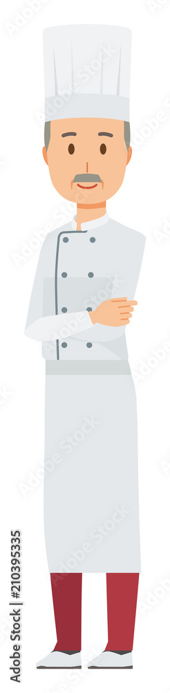 An elderly male chef wearing a cook coat is standing with his arms folded An elderly male chef wearing a cook coat is standing with his arms folded