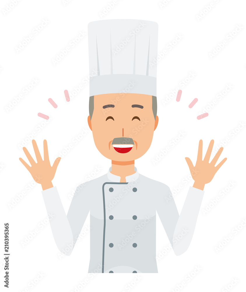 An elderly male chef wearing a cook coat is spreading his hands An elderly male chef wearing a cook coat is spreading his hands