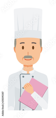 An elderly male chef wearing a cook coat has a file