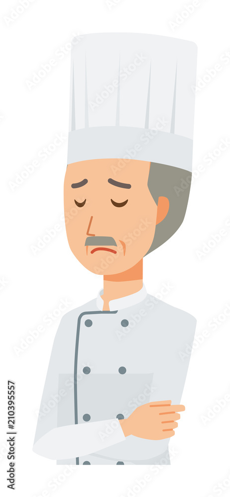An elderly male chef wearing a cook coat is depressed An elderly male chef wearing a cook coat is depressed