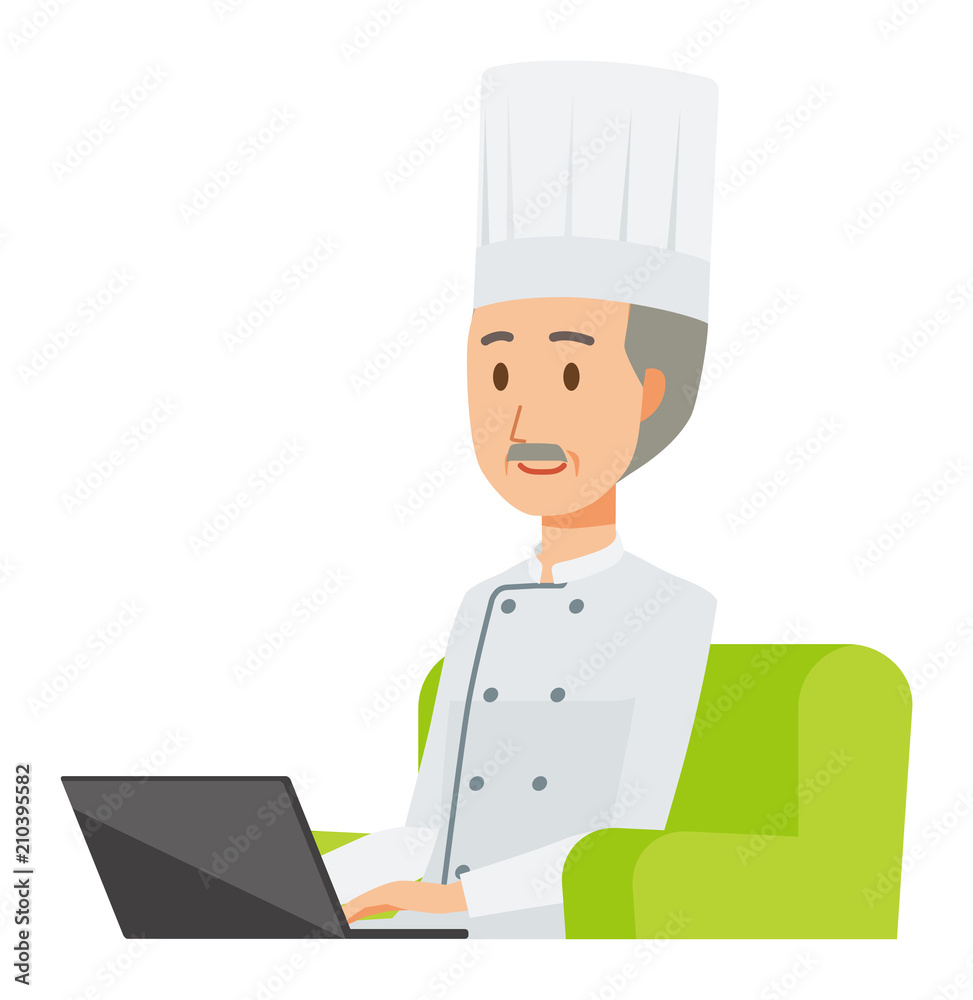 An elderly male chef wearing a cook coat is sitting on a sofa and operating a laptop computer An elderly male chef wearing a cook coat is sitting on a sofa and operating a laptop computer