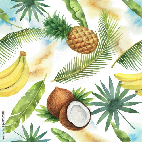 Watercolor vector seamless pattern of coconut, banana, pineapple and palm trees isolated on white background.