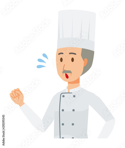 An elderly male chef wearing a cook coat is running