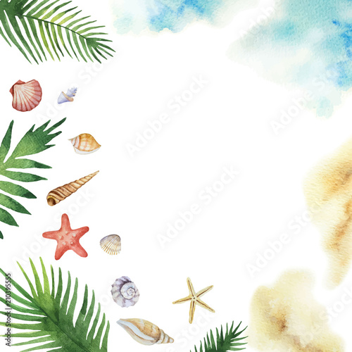 Watercolor vector colorful seashells and tropical leaves isolated on a white background.