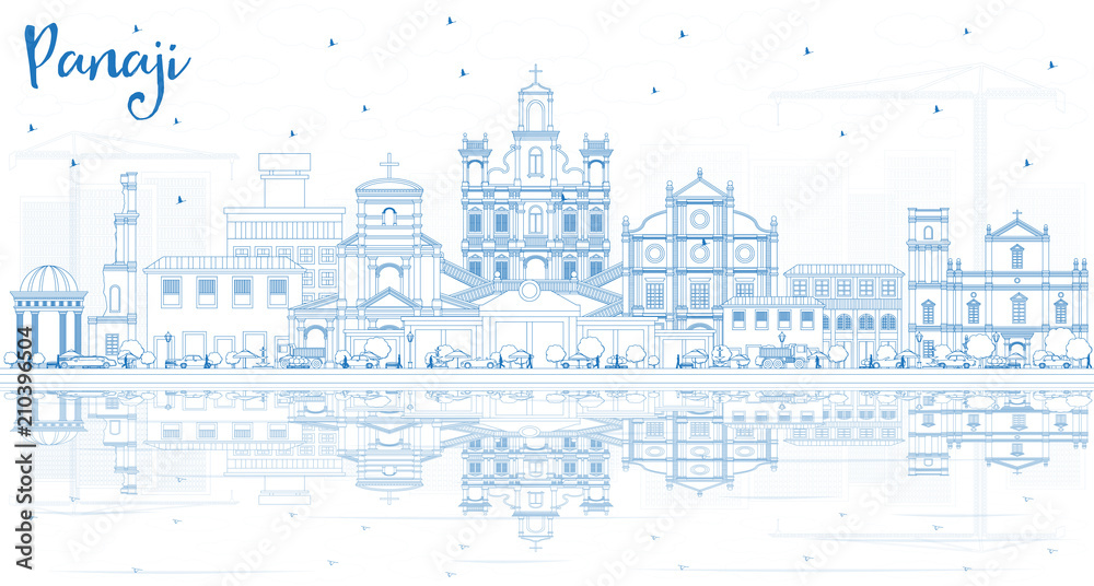 Outline Panaji India City Skyline with Blue Buildings and Reflections.