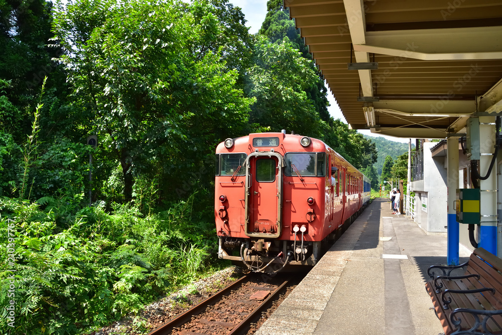 Obraz premium 新潟 JR磐越西線咲花駅とキハ40系