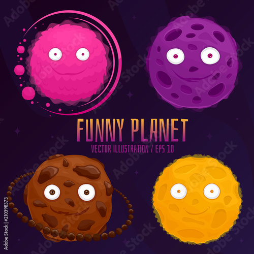 Cartoon funny planets with eyes set in space background. Vector illustration in flat style. EPS 10.