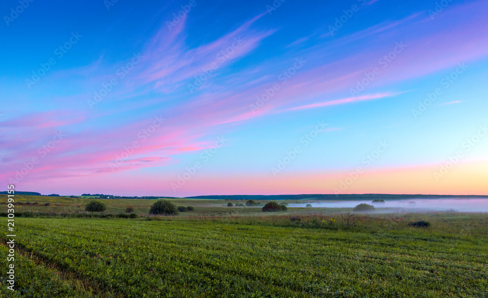 Sunrise over the field covered with fog.