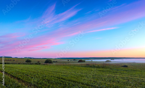 Sunrise over the field covered with fog.