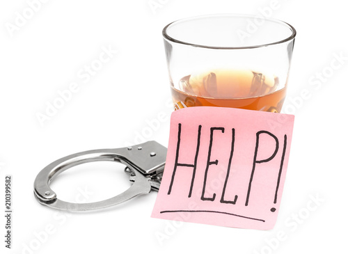 Sticker with word "HELP!", glass of alcohol drink and handcuffs on white.