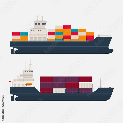 Cargo ships with containers on white background. Global transportation concept. Vector illustration
