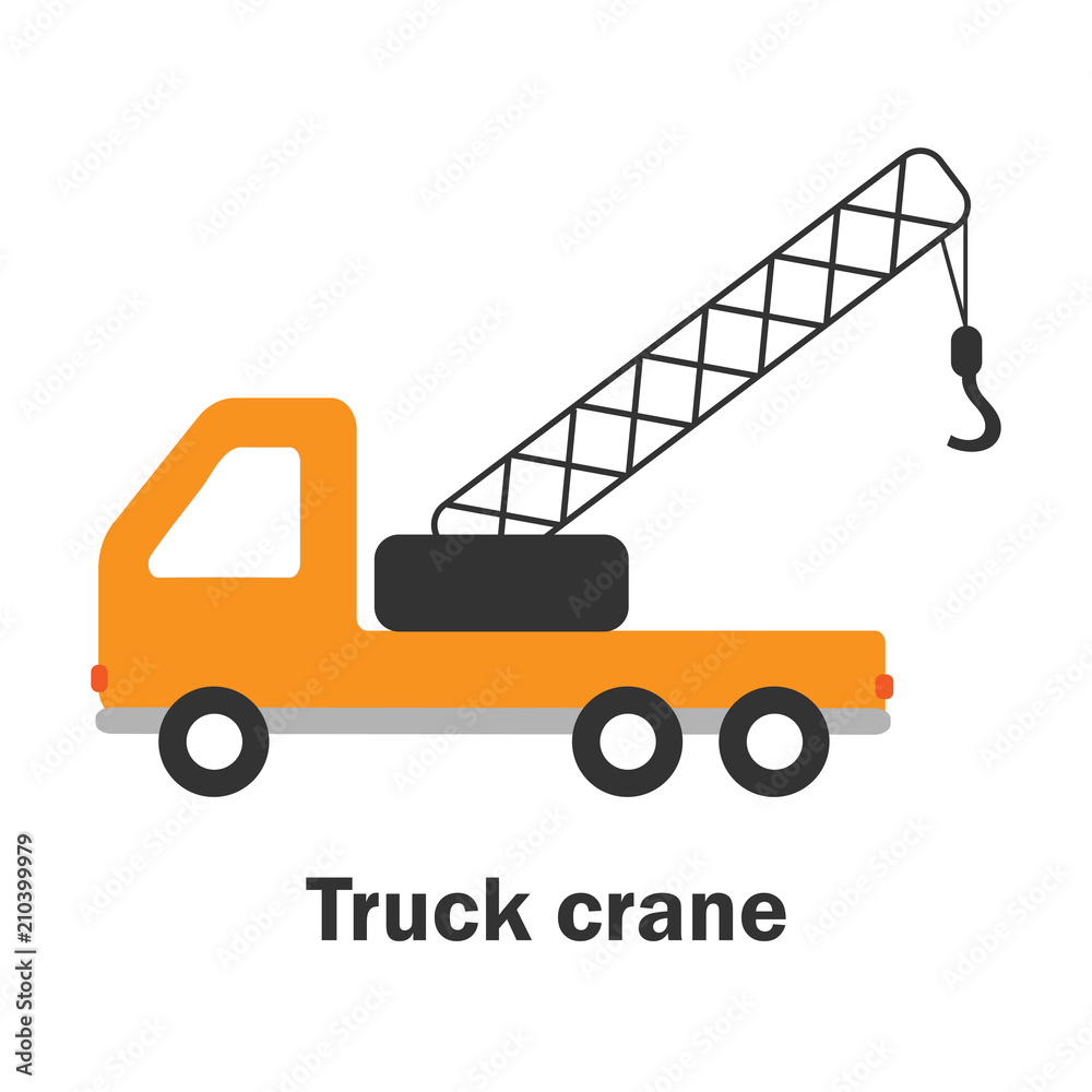 Truck crane in cartoon style, card with transport for kid, preschool