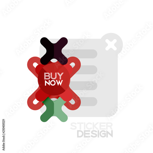 Flat design cross shape geometric sticker icon, paper style design with buy now sample text, for business or web presentation, app or interface buttons