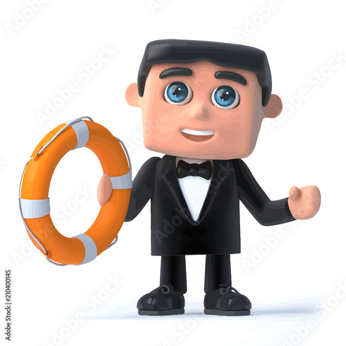 Vector 3d funny cartoon man in tuxedo and bow tie holding a life ring