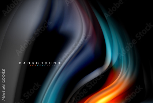 Fluid liquid colors design, colorful marble or plastic wavy texture background, glowing multicolored elements on black, for business or technology presentation or web brochure cover design, wallpaper