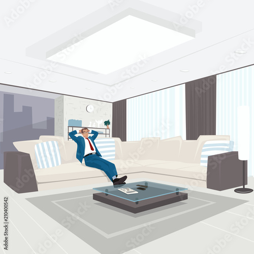 Satisfied young businessman in blue suit resting on couch in large bright living room. Weekend or Vacation at home concept. Expressive cartoon style