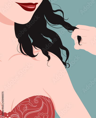 Close up portrait of seductive woman dressed in red bra holding a lock of black hair between her fingers