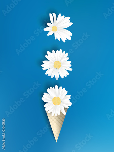 Minimalist pastel white daisy flowers in ice cream cone on dark blue background