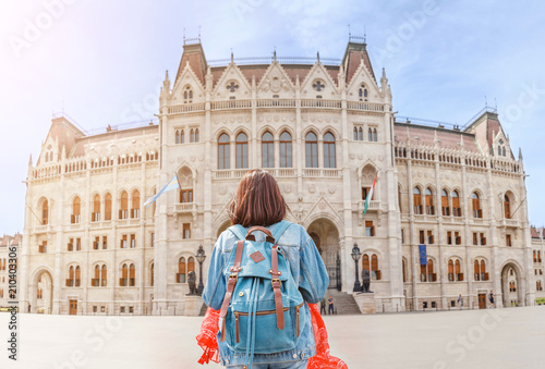 Photography Happy asian casual woman student enjoying great view of the Parliament building