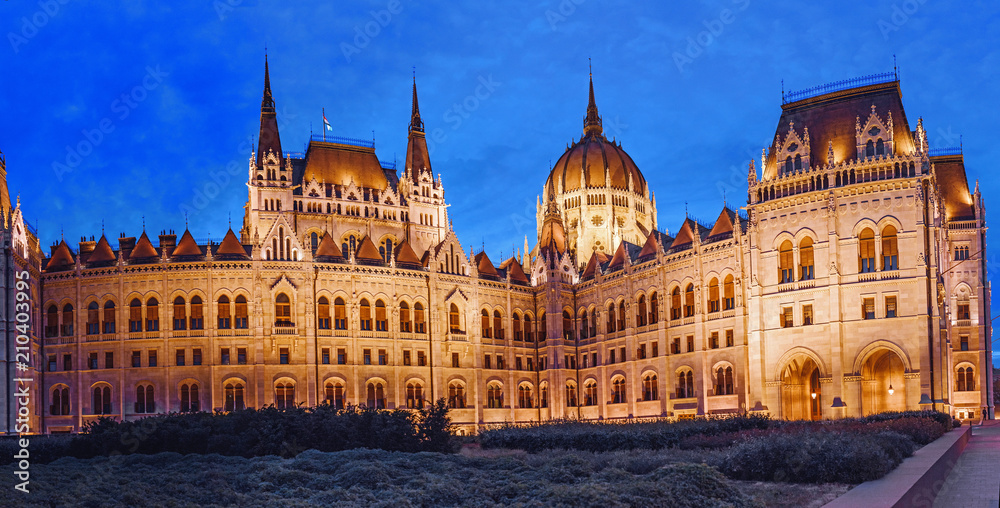 The Hungarian Parliament Building with wonderful illumination. View at night from Kossuth square
