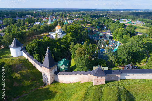 The Holy Dormition Pskovo-Pechersky Monastery on a sunny June day (aerial survey). Pechory, Russia