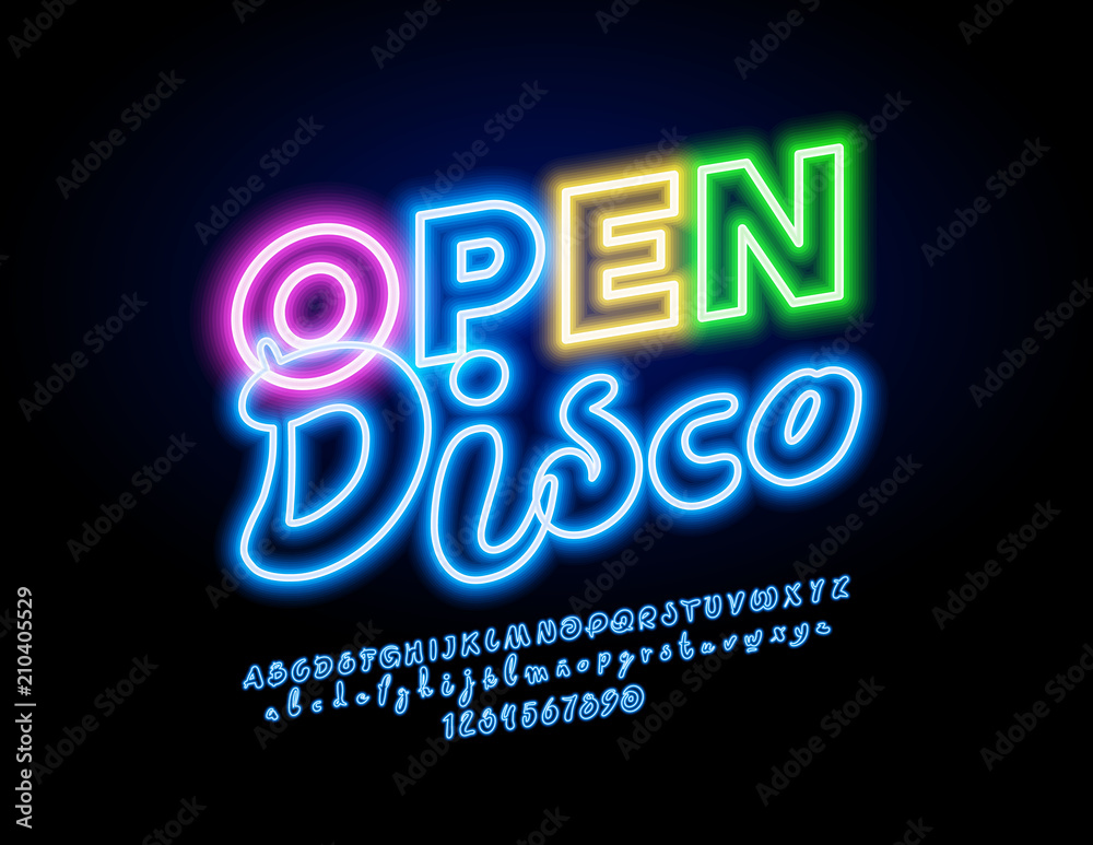Vector neon sign Open Disco. Glowing light Alphabet Lettern, Numbers and Symbols. Bright Font Vector neon sign Open Disco. Glowing light Alphabet Lettern, Numbers and Symbols. Bright Font