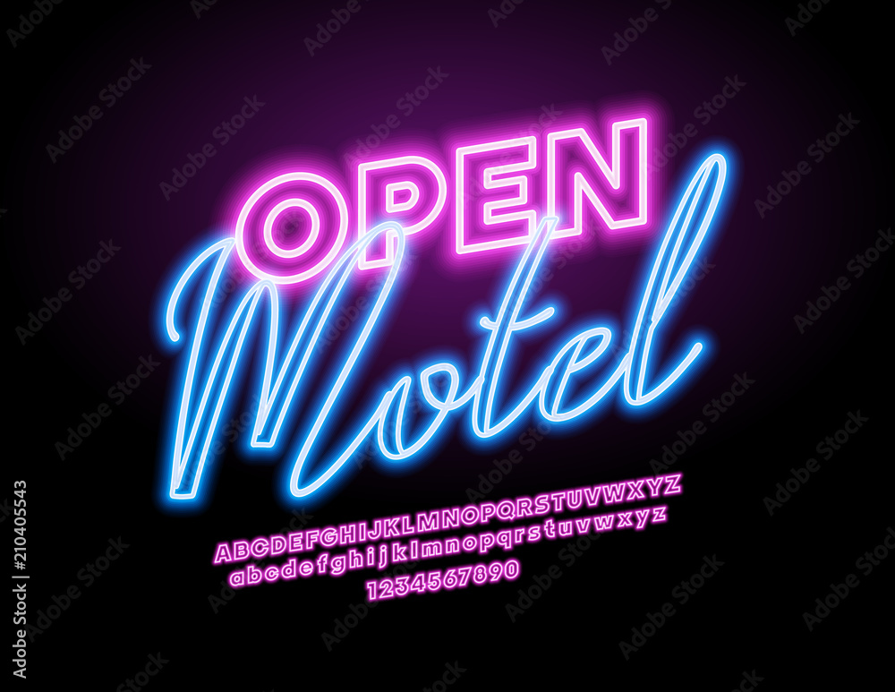 Vector glowing neon sign Open Motel. Pink light Font. Electric Alphabet Letters, Numers amd Symbols