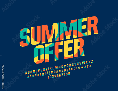 Vector bright Summer Offer poster. Graphic Style Font. Colorful pattern Alphabet Letters and Numbers