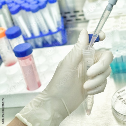 Hand of a woman researcher using the Pipette size 200 - 1000uL for do the research of drugs or chemicals in the laboratory room.