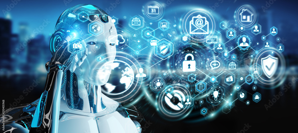 Fototapeta premium White man robot using cyber security data interface 3D rendering