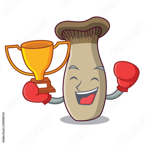 Boxing winner king trumpet mushroom mascot cartoon