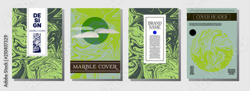 Natural, Organic Style Vector Marble Covers. Cool A4 Green, Blue Journal Background. Marble Stone Texture, Journal Template. Ebru, Suminagashi, Liquid Paint, Paper, Card, Marble Covers.
