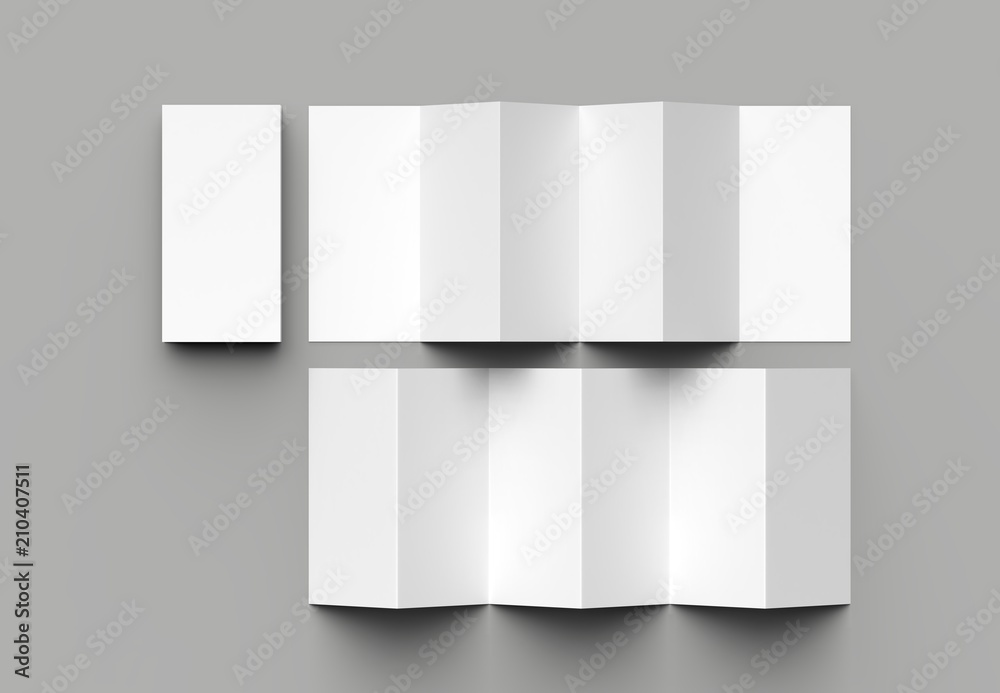 12 page leaflet, 6 panel accordion fold - Z fold vertical brochure mock up isolated on gray background. 3D illustration