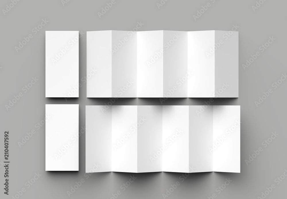 12 page leaflet, 6 panel accordion fold - Z fold vertical brochure mock up isolated on gray background. 3D illustration 12 page leaflet, 6 panel accordion fold - Z fold vertical brochure mock up isolated on gray background. 3D illustration