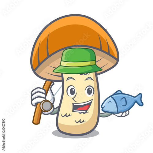 Fishing orange cap boletus mushroom mascot cartoon