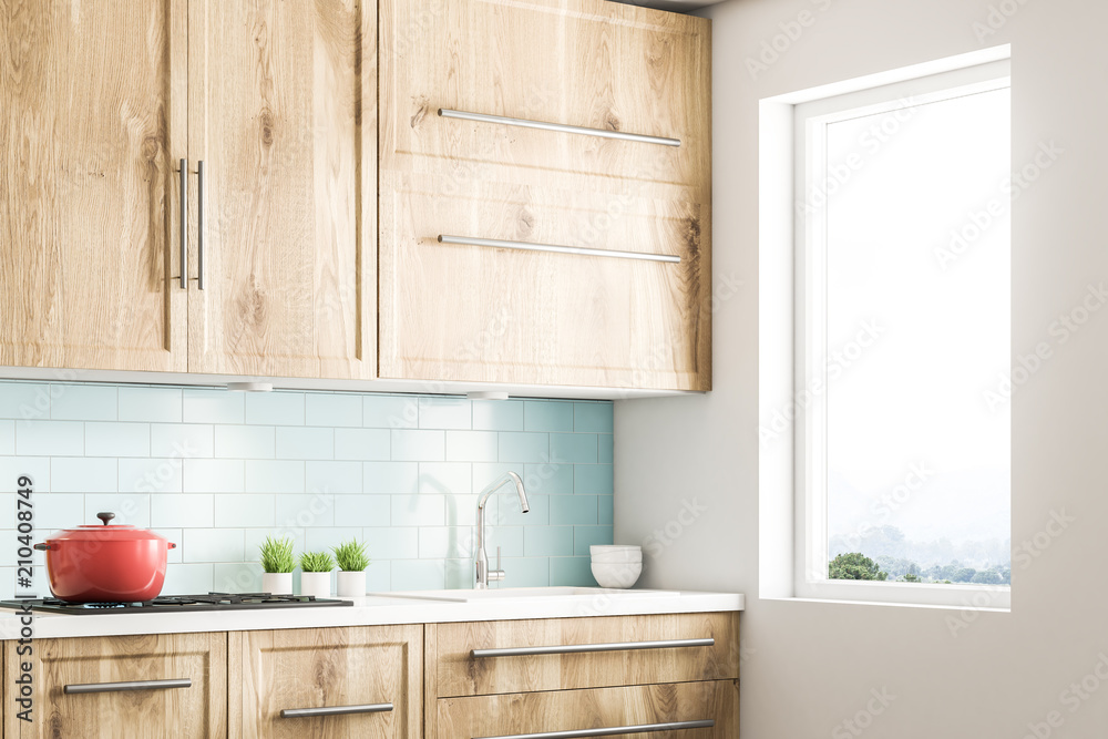 Fototapeta premium White wooden Scandi style kitchen corner close up