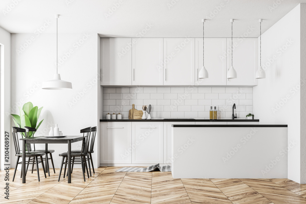 White kitchen interior, black table Stock Illustration | Adobe Stock