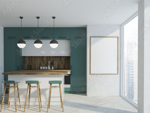 Poster in a white and green kitchen with bar