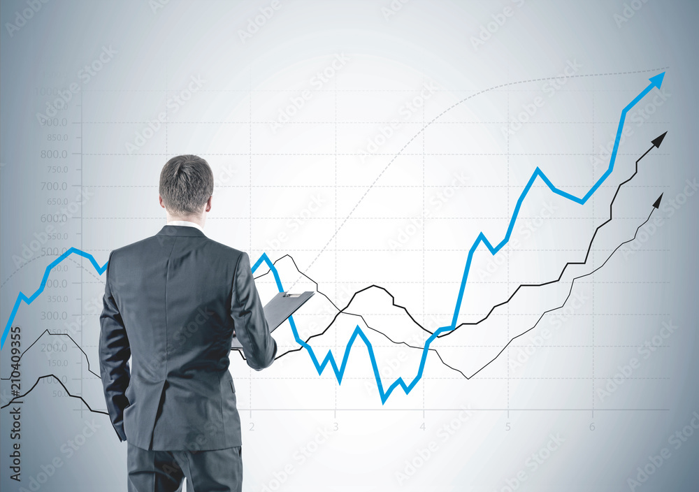 Businessman with a folder, rear view, graph gray Businessman with a folder, rear view, graph gray