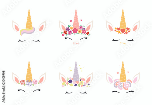 Photo Set of different cute funny unicorn face cake decorations